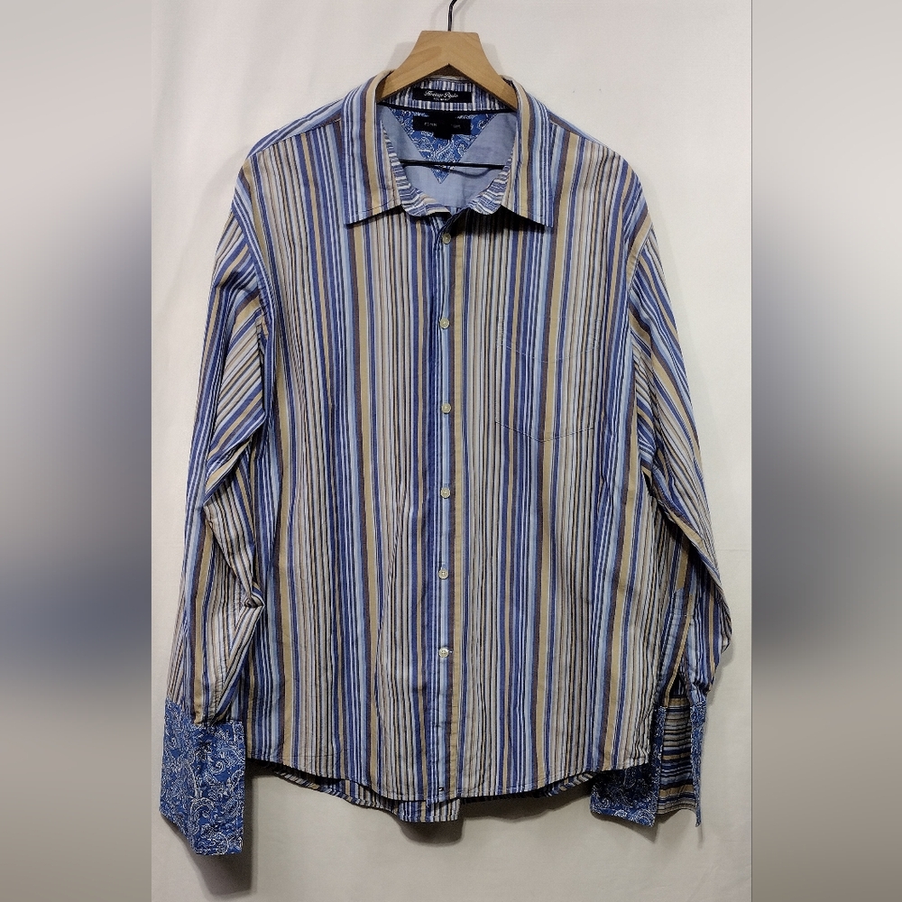 Tommy Hilfiger Stripped Heritage Poplin 80's Two Ply Button Shirt Mens XL Blue